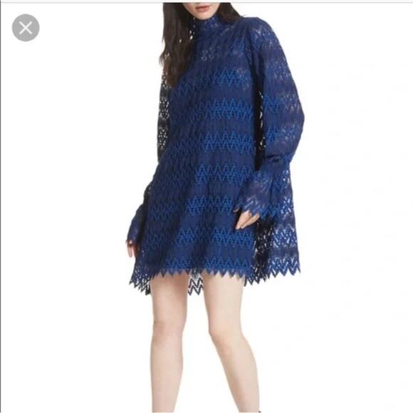 Free People NWT Simone Blue & Black Lace Long Flounce Sleeve Mini Dress - Picture 3 of 16